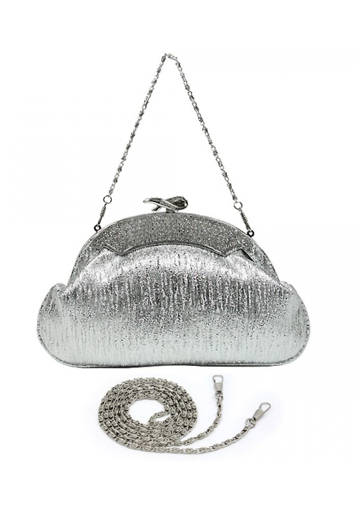 Evening Bag - Shimmer Crescent Shape W/Rhinestone Accent Frame – Silver – BG-651EL-SV